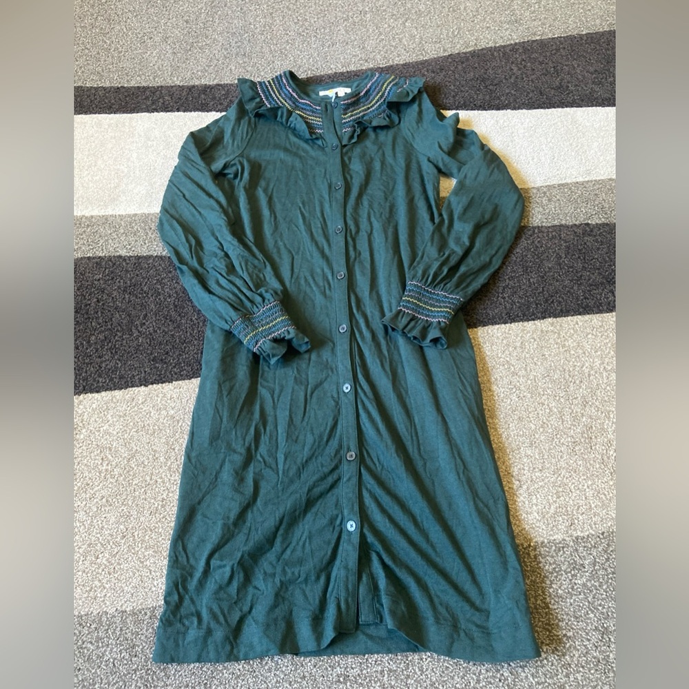 Boden Button Front Stitched Neck, Ruffle Detail Green Dress Sz 6R